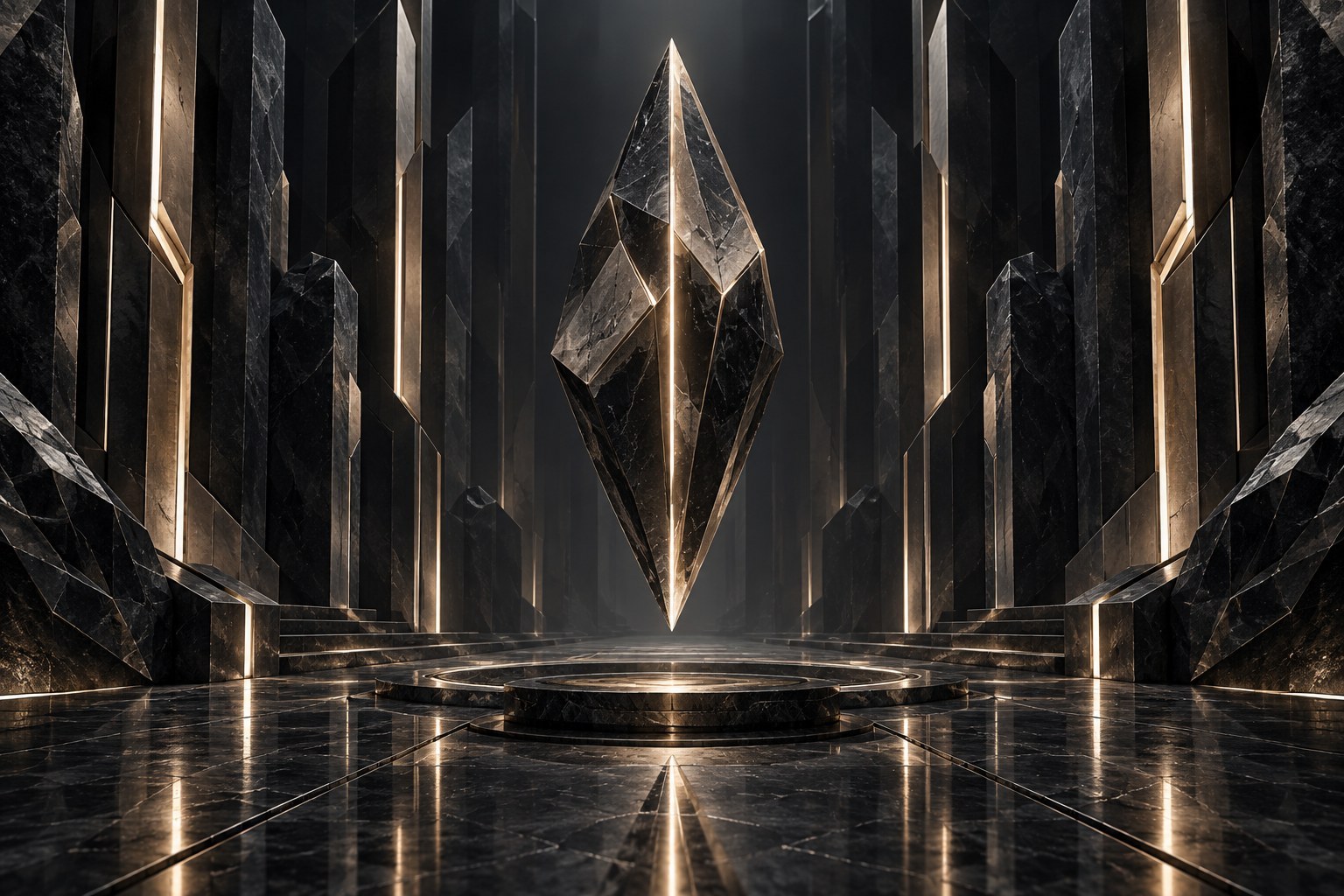 AFTERTRACE Monolith theme artwork: a fractured black and gold diamond suspended in a stone chamber